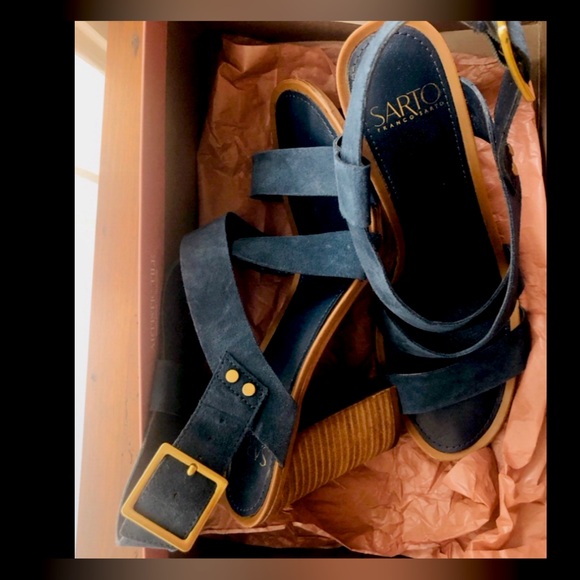 Franco Sarto Sabine lush teal blue suede crossing straps, open toe stacked heel - Picture 4 of 15